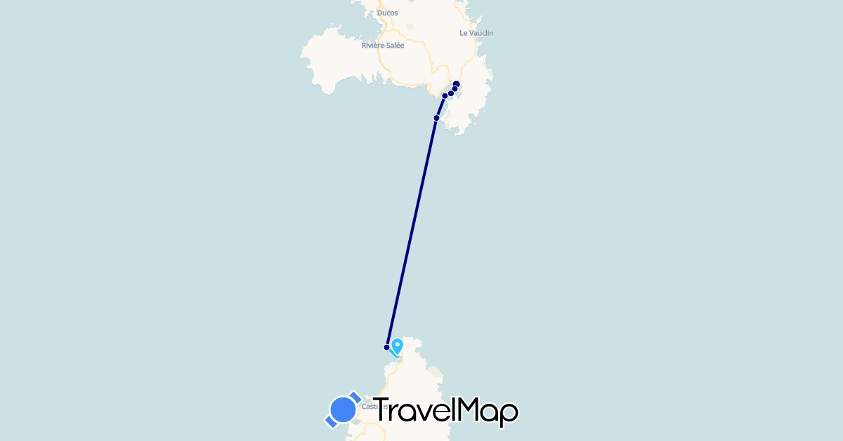 TravelMap itinerary: driving, boat in France, Saint Lucia (Europe, North America)